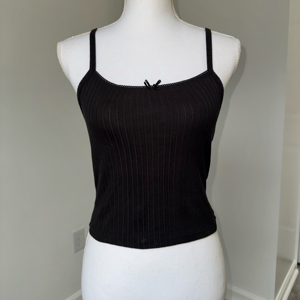 Originality Black Ribbed Cami Tank Top Spaghetti Straps Bow Detail XS‎ USA Vtg